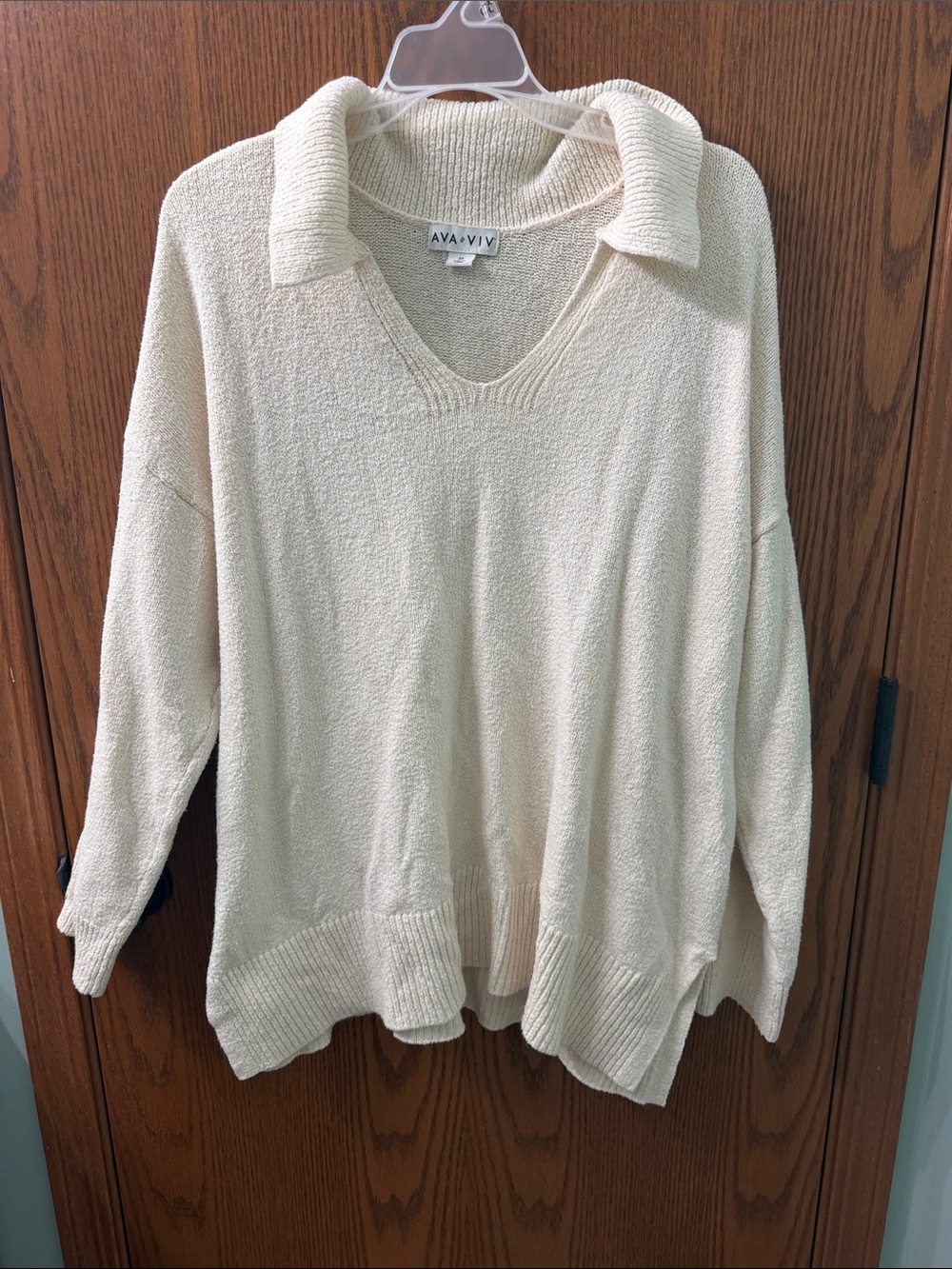 Ava & Viv Cream Collared V-Neck Knit Sweater